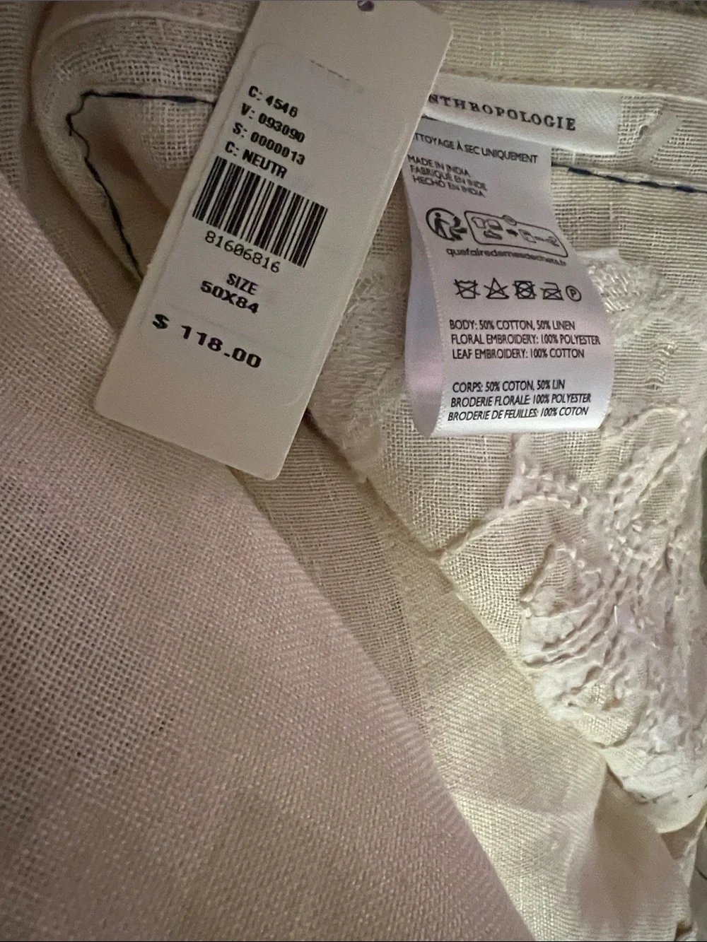 Anthropologie Manette Embroidered Cotton Linen Sheer Curtain, Neutral, 2 Panels